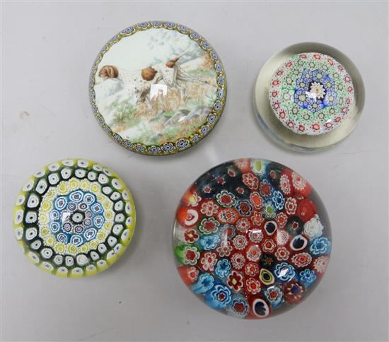 Four Murano glass millefiori paperweights,